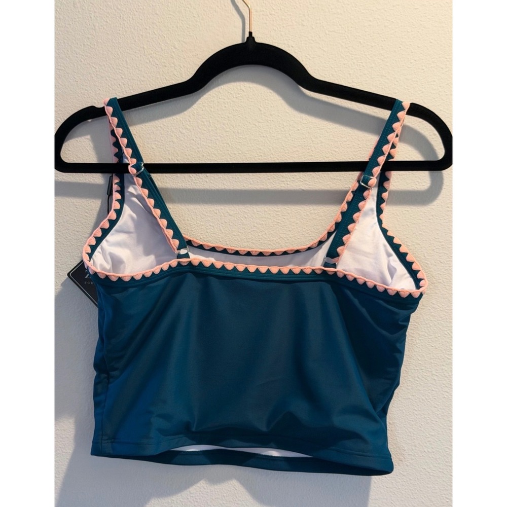 Zaful Teal Blue Bikini Top Pink Scalloped Trim Square Neck Swim Top Medium NWT - Picture 2 of 3